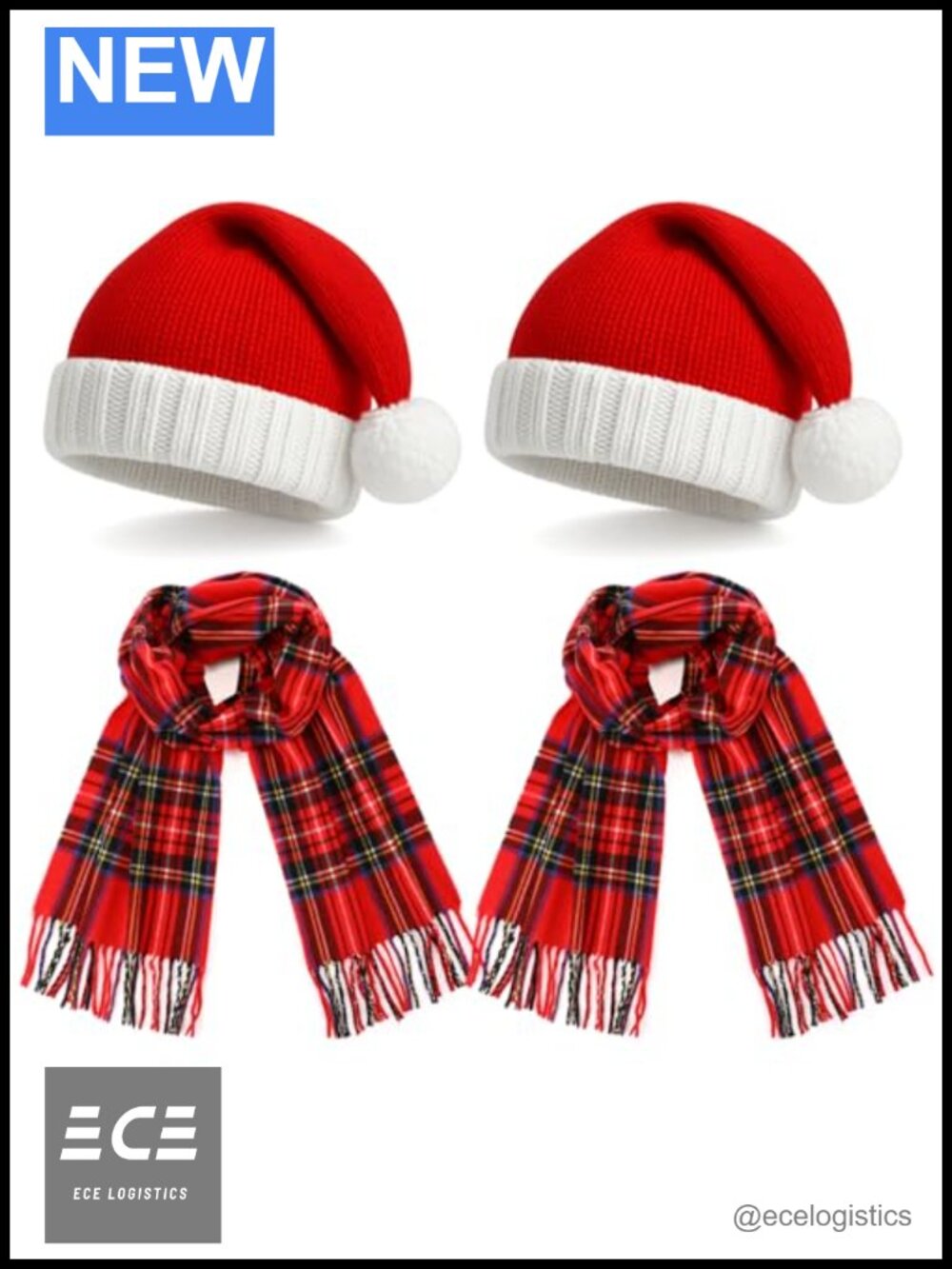 Knit Santa Hat and Plaid Scarf Set with Pompom for Women Men